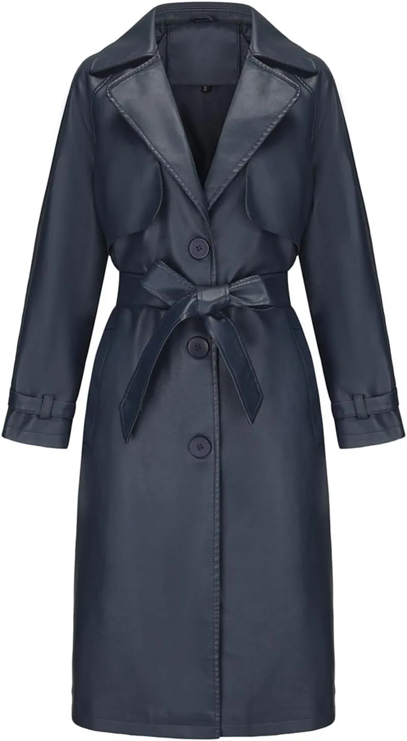 Womens PU Faux Leather Jacket Casual Lapel Long Suit Trench Coat Outerwear Leather Mid Long Jacket Coat with Pockets