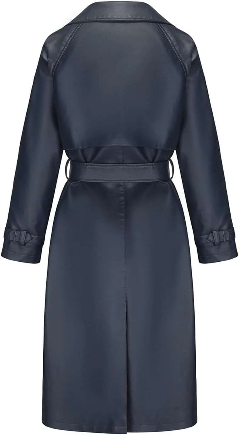 Womens PU Faux Leather Jacket Casual Lapel Long Suit Trench Coat Outerwear Leather Mid Long Jacket Coat with Pockets