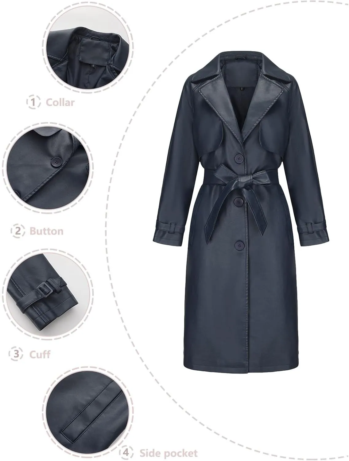 Womens PU Faux Leather Jacket Casual Lapel Long Suit Trench Coat Outerwear Leather Mid Long Jacket Coat with Pockets