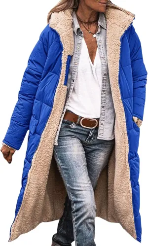 Womens Quilted Jacket Casual Zip Up Fleece Lined Hooded Jackets Oversized Puffer Coat Winter Warm Padded Overcoat