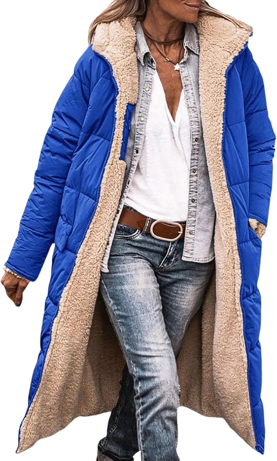 Womens Quilted Jacket Casual Zip Up Fleece Lined Hooded Jackets Oversized Puffer Coat Winter Warm Padded Overcoat