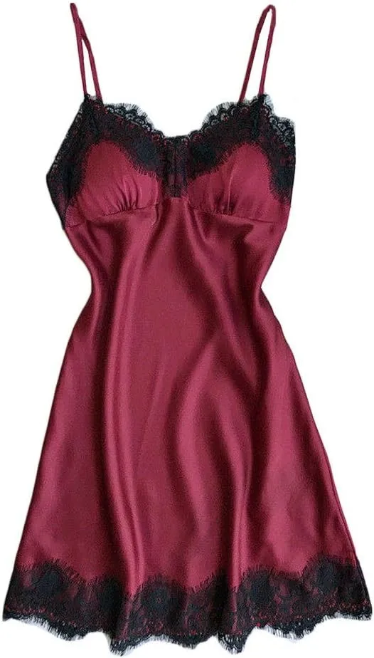 Women's Satin Lace Lingerie Nightgown Sexy Full Slips Chemise Mini Dress Silk Babydoll Nightwear Sleeveless Nighties