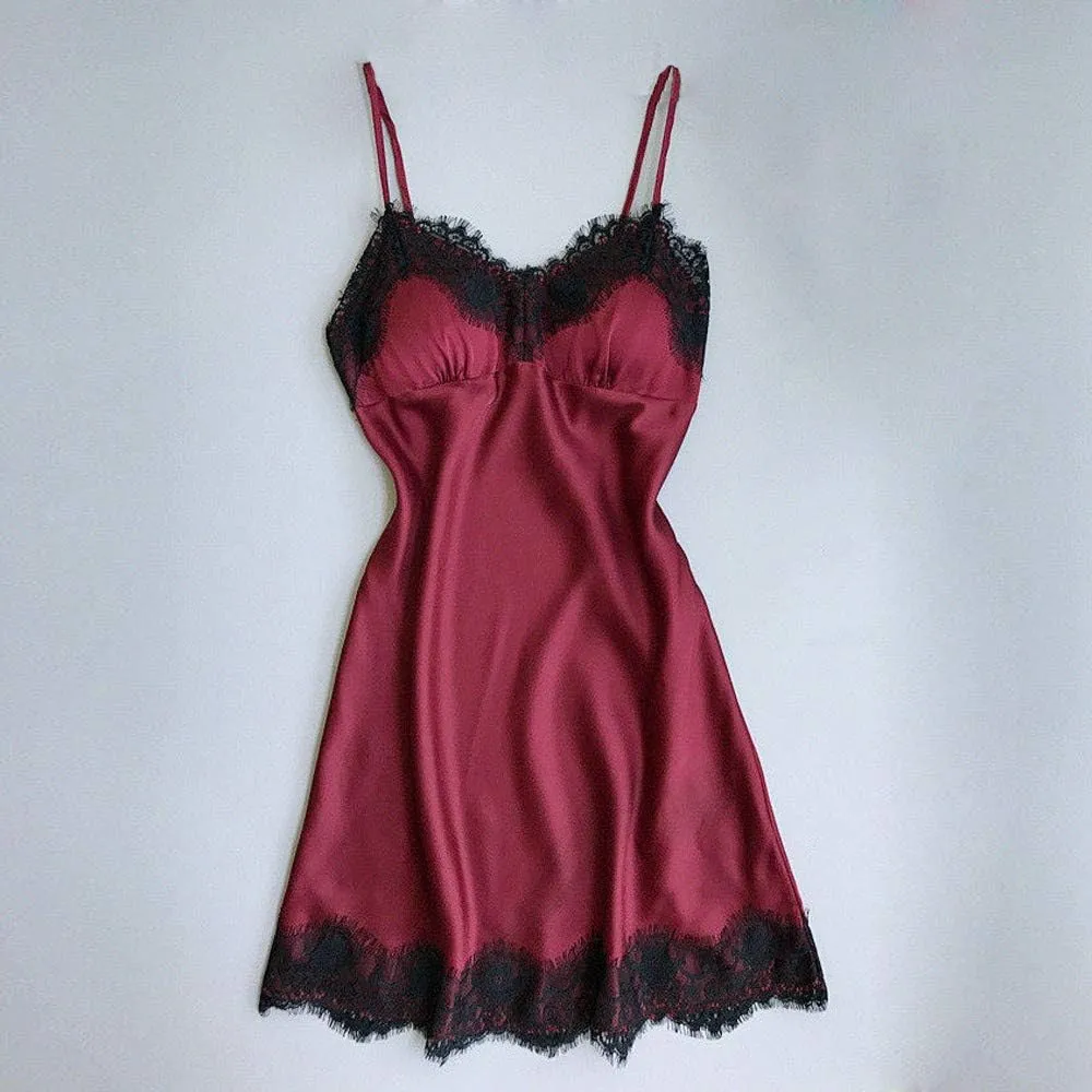 Women's Satin Lace Lingerie Nightgown Sexy Full Slips Chemise Mini Dress Silk Babydoll Nightwear Sleeveless Nighties