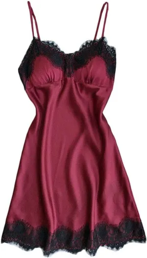 Women's Satin Lace Lingerie Nightgown Sexy Full Slips Chemise Mini Dress Silk Babydoll Nightwear Sleeveless Nighties