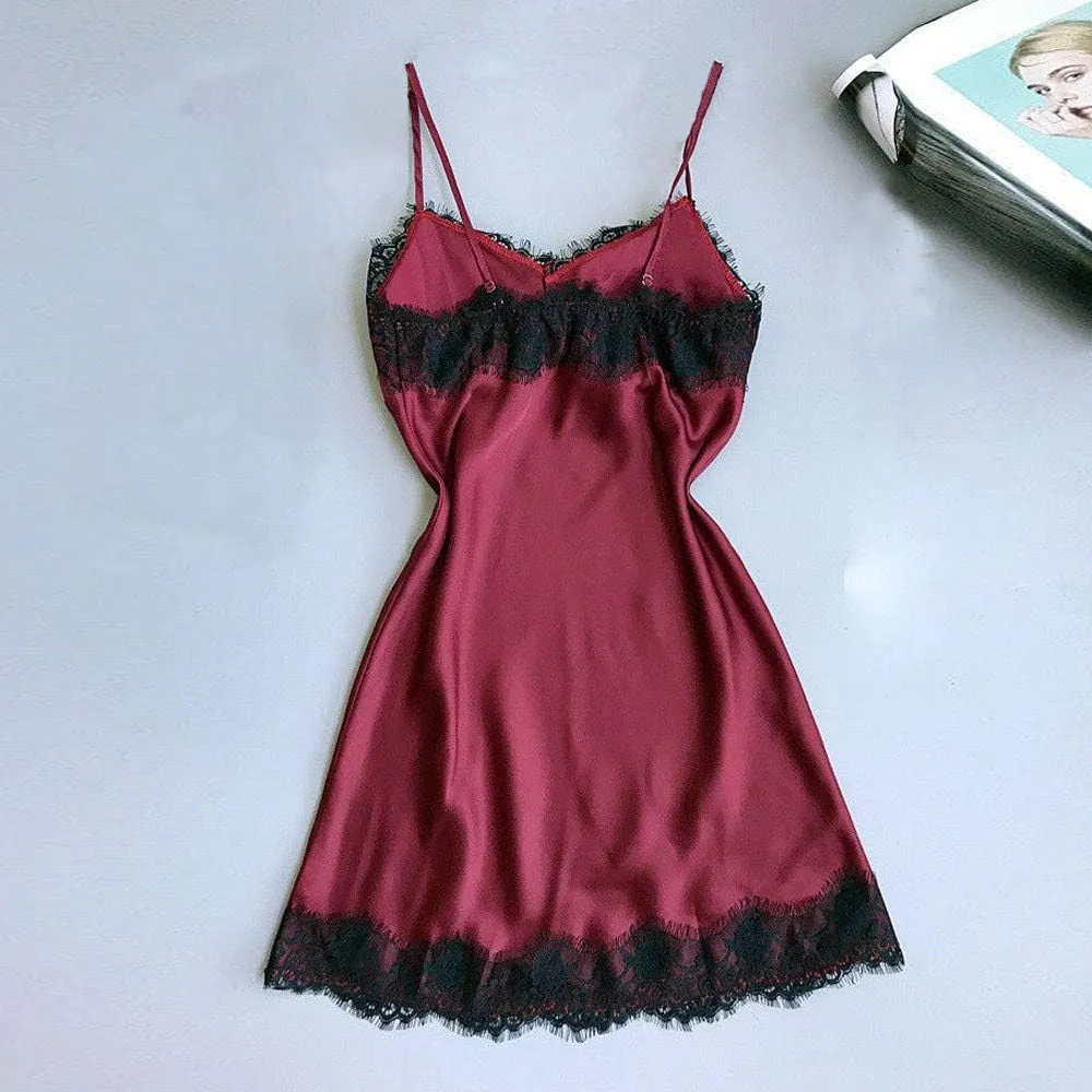 Women's Satin Lace Lingerie Nightgown Sexy Full Slips Chemise Mini Dress Silk Babydoll Nightwear Sleeveless Nighties