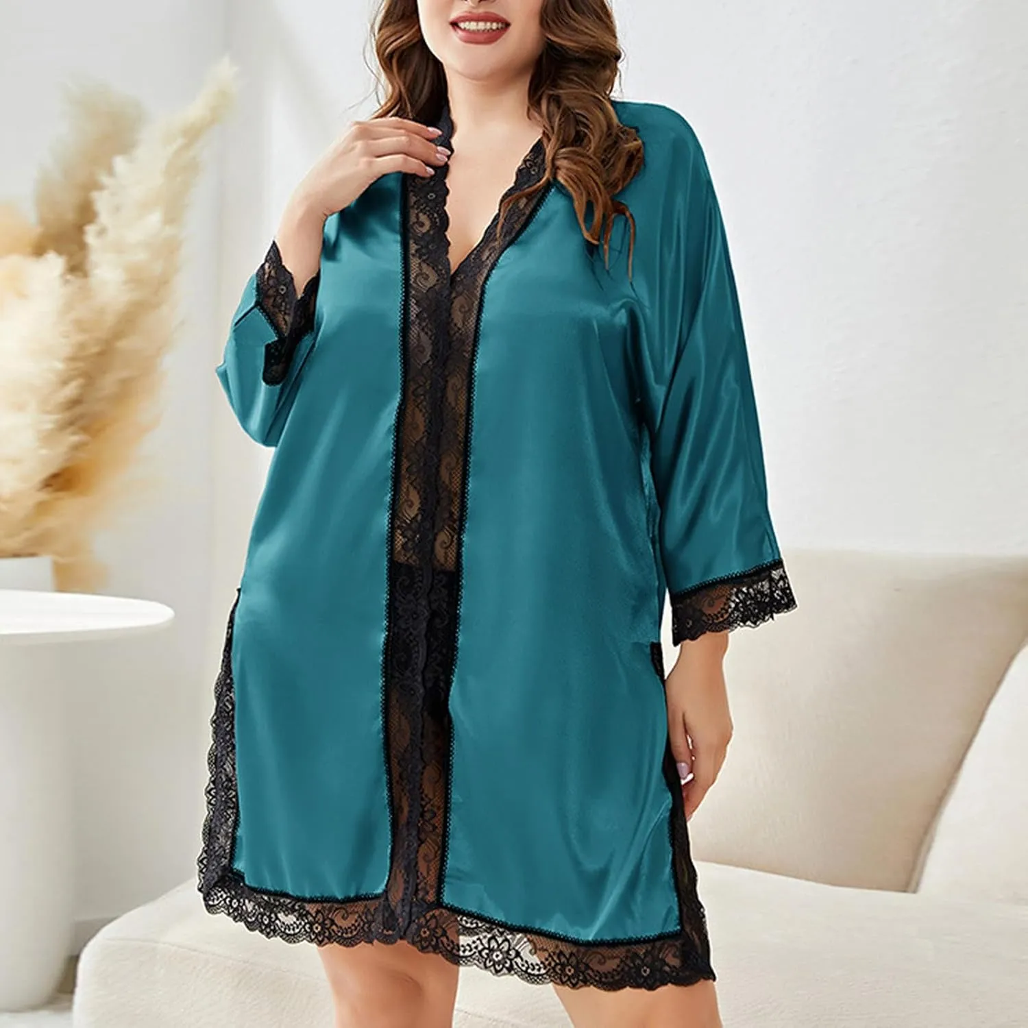 Women's Satin Nightgowns V Neck Side Split Sleepshirt Lace Patchwork Long Sleeve Sleepwear Plus Size Nightshirt