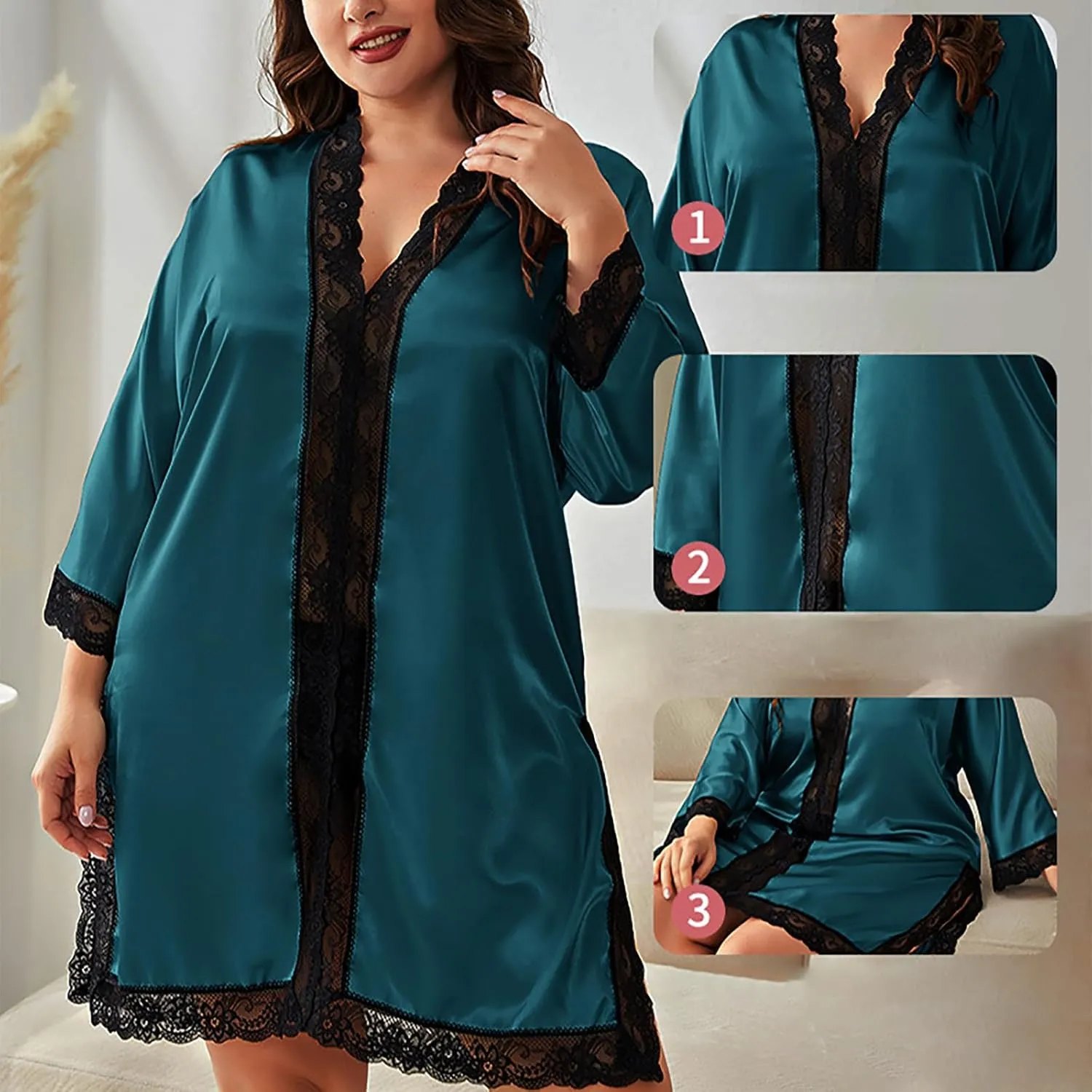 Women's Satin Nightgowns V Neck Side Split Sleepshirt Lace Patchwork Long Sleeve Sleepwear Plus Size Nightshirt