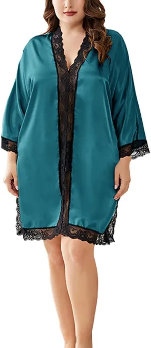 Women's Satin Nightgowns V Neck Side Split Sleepshirt Lace Patchwork Long Sleeve Sleepwear Plus Size Nightshirt