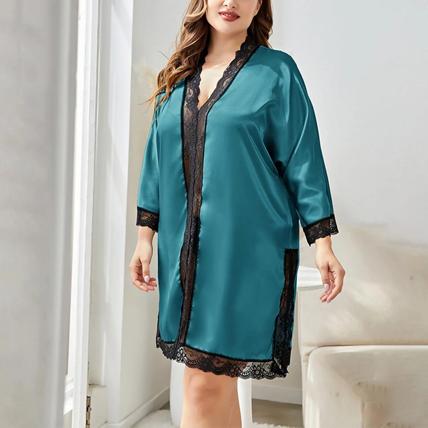 Women's Satin Nightgowns V Neck Side Split Sleepshirt Lace Patchwork Long Sleeve Sleepwear Plus Size Nightshirt