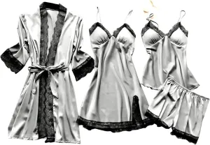 Women's Satin Pajama Set 4Pcs Lace Trim Cami Top Shorts Nightgown Sleepwear Sets Sexy Satin Pjs 4 Pieces with Robe