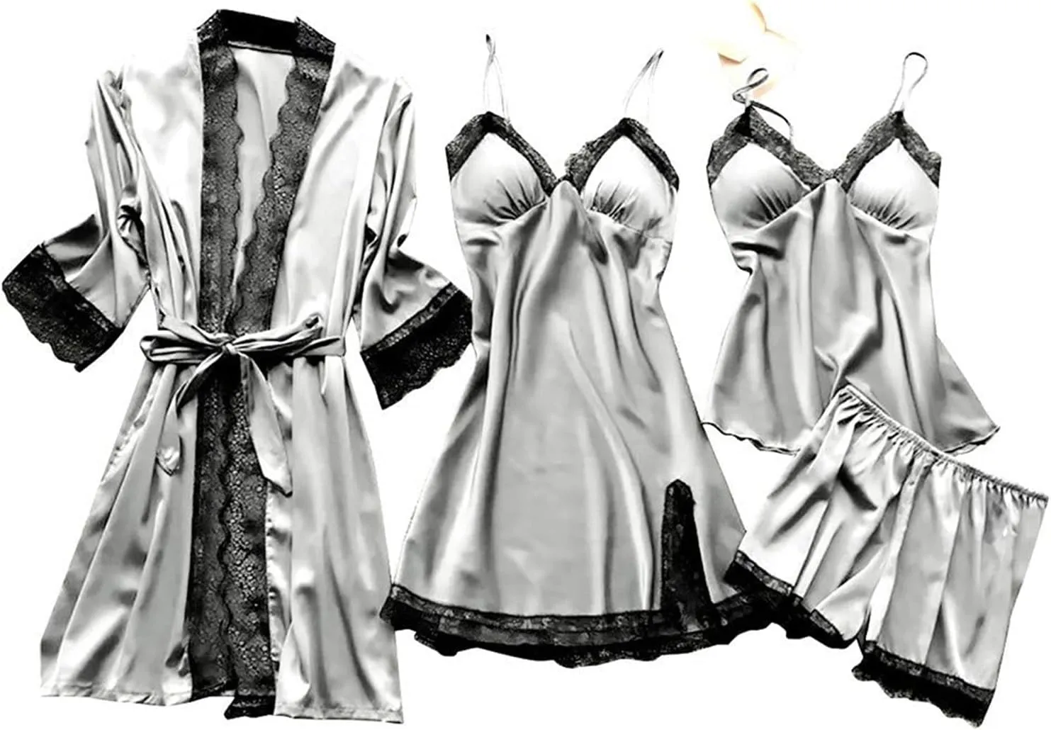Women's Satin Pajama Set 4Pcs Lace Trim Cami Top Shorts Nightgown Sleepwear Sets Sexy Satin Pjs 4 Pieces with Robe