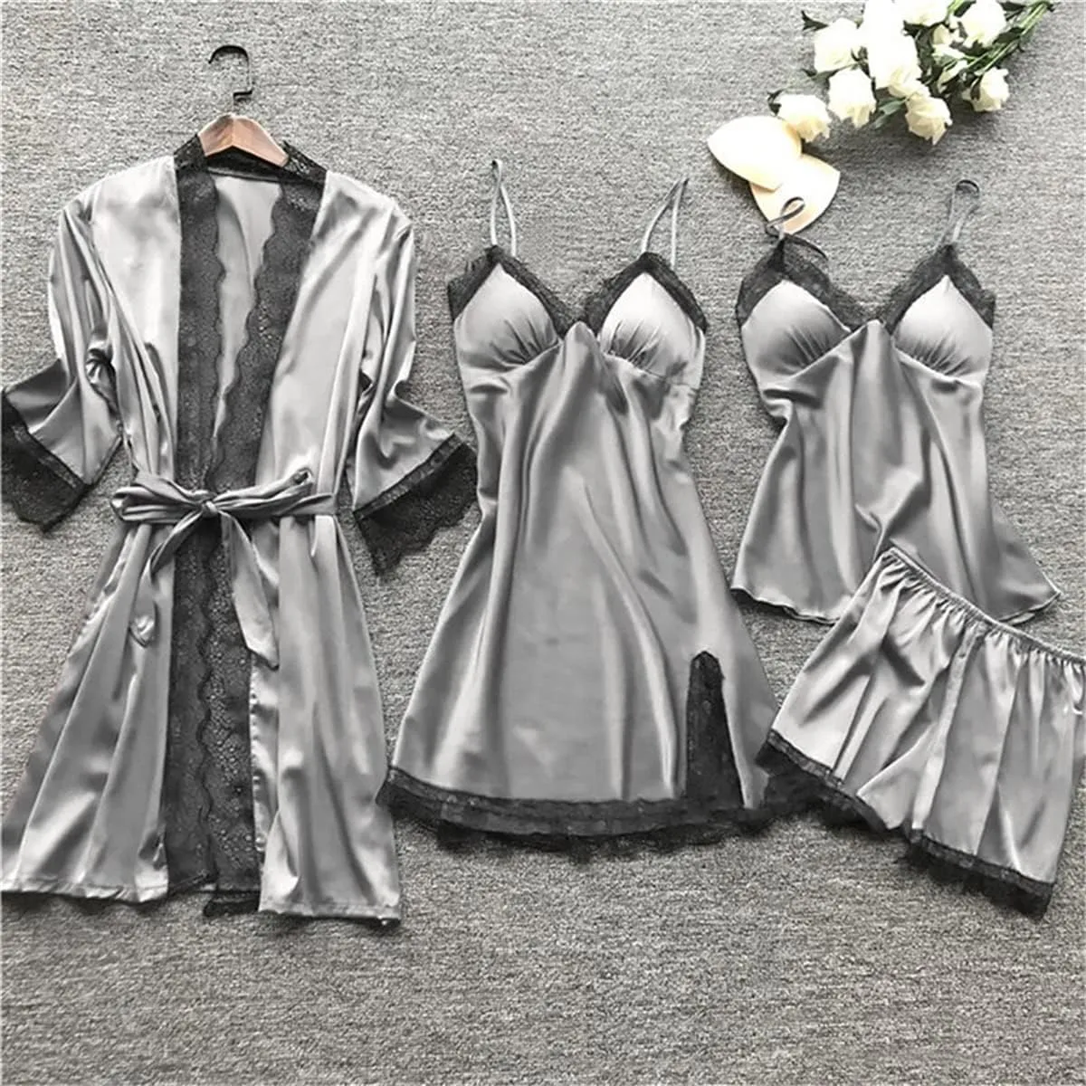 Women's Satin Pajama Set 4Pcs Lace Trim Cami Top Shorts Nightgown Sleepwear Sets Sexy Satin Pjs 4 Pieces with Robe