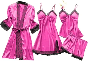 Women's Satin Pajamas Sets 4Pcs Nightgown Robe Set Floral Lace Lingerie Cami Shorts Sleepwear Nightdress Fashion