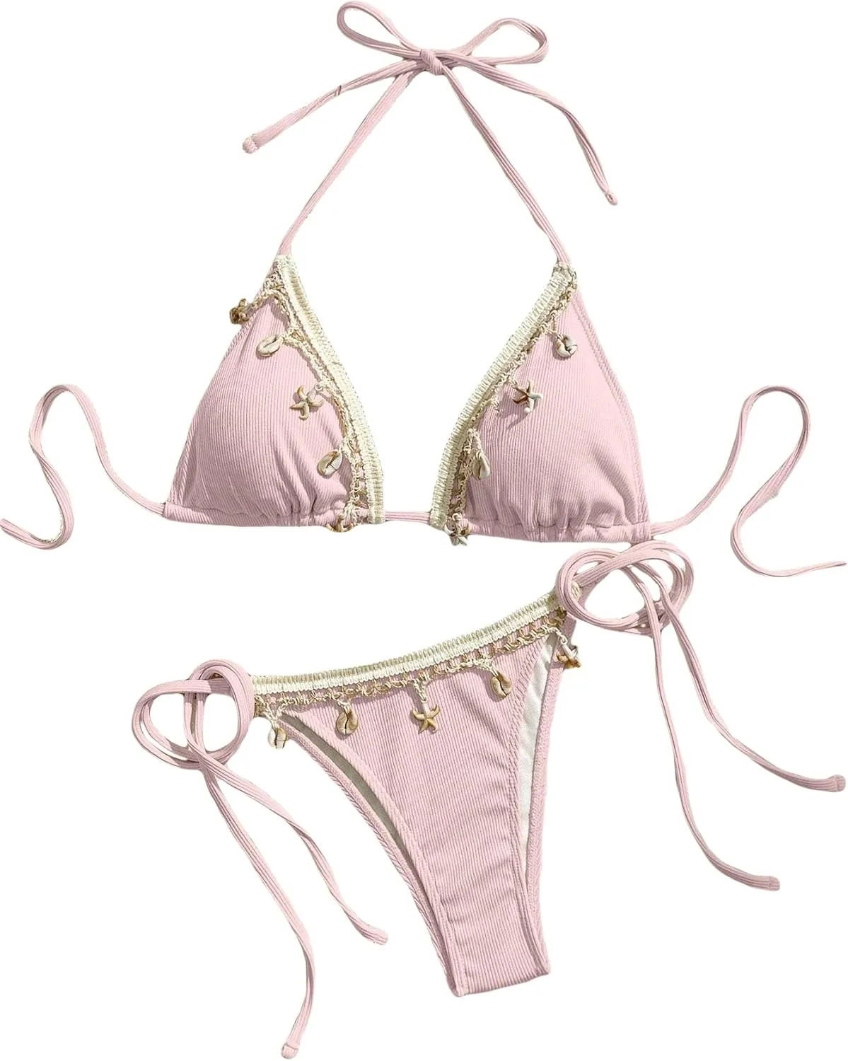 Women's Shell Decoration Boho Bathing Suit Halter High Waist Summer Swimsuit Bikinis Set