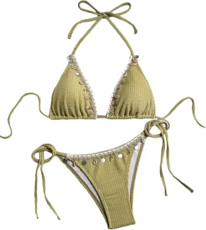Women's Shell Decoration Boho Bathing Suit Halter High Waist Summer Swimsuit Bikinis Set