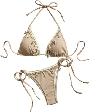Women's Shell Decoration Boho Bathing Suit Halter High Waist Summer Swimsuit Bikinis Set