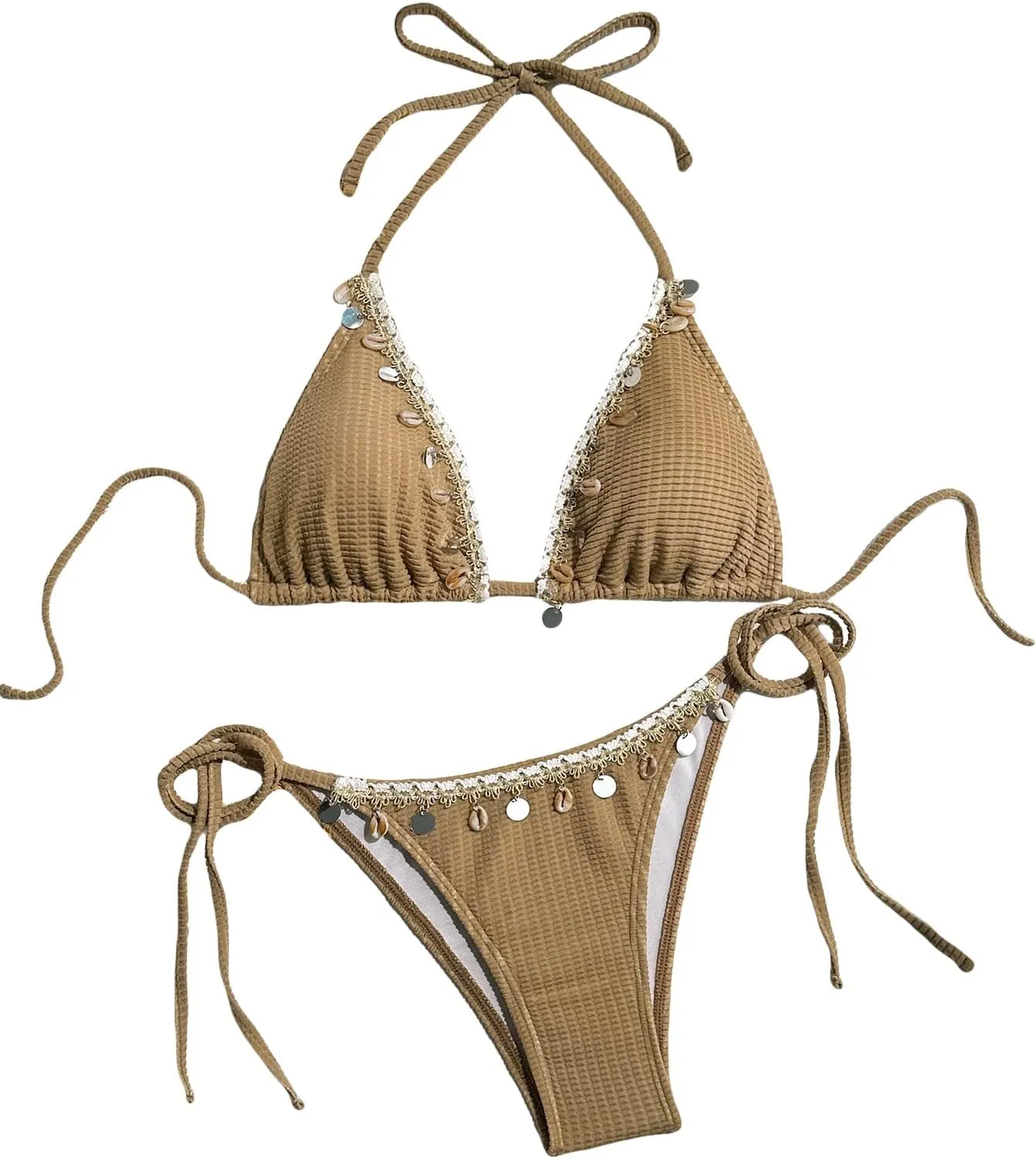 Women's Shell Decoration Boho Bathing Suit Halter High Waist Summer Swimsuit Bikinis Set