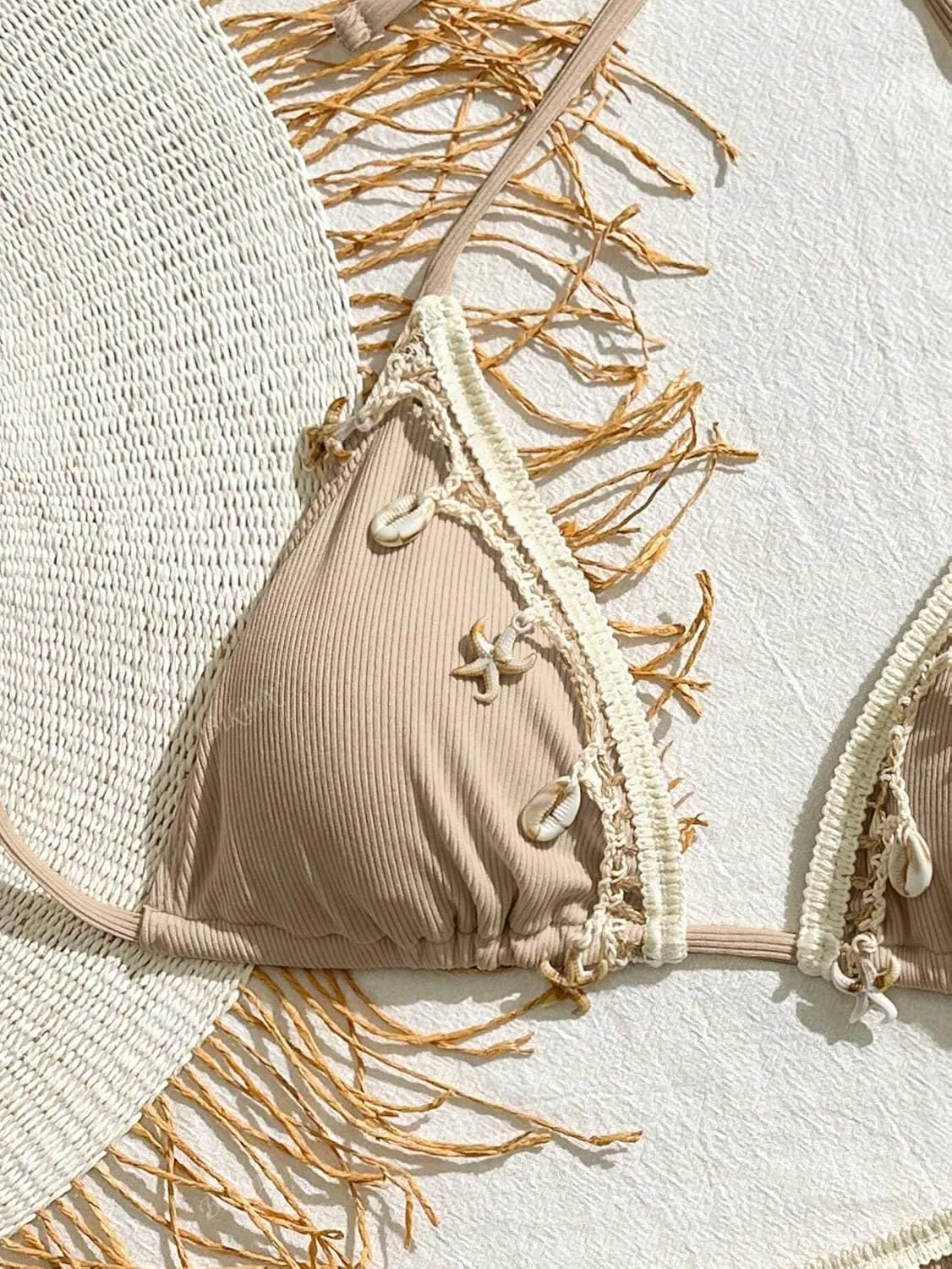 Women's Shell Decoration Boho Bathing Suit Halter High Waist Summer Swimsuit Bikinis Set