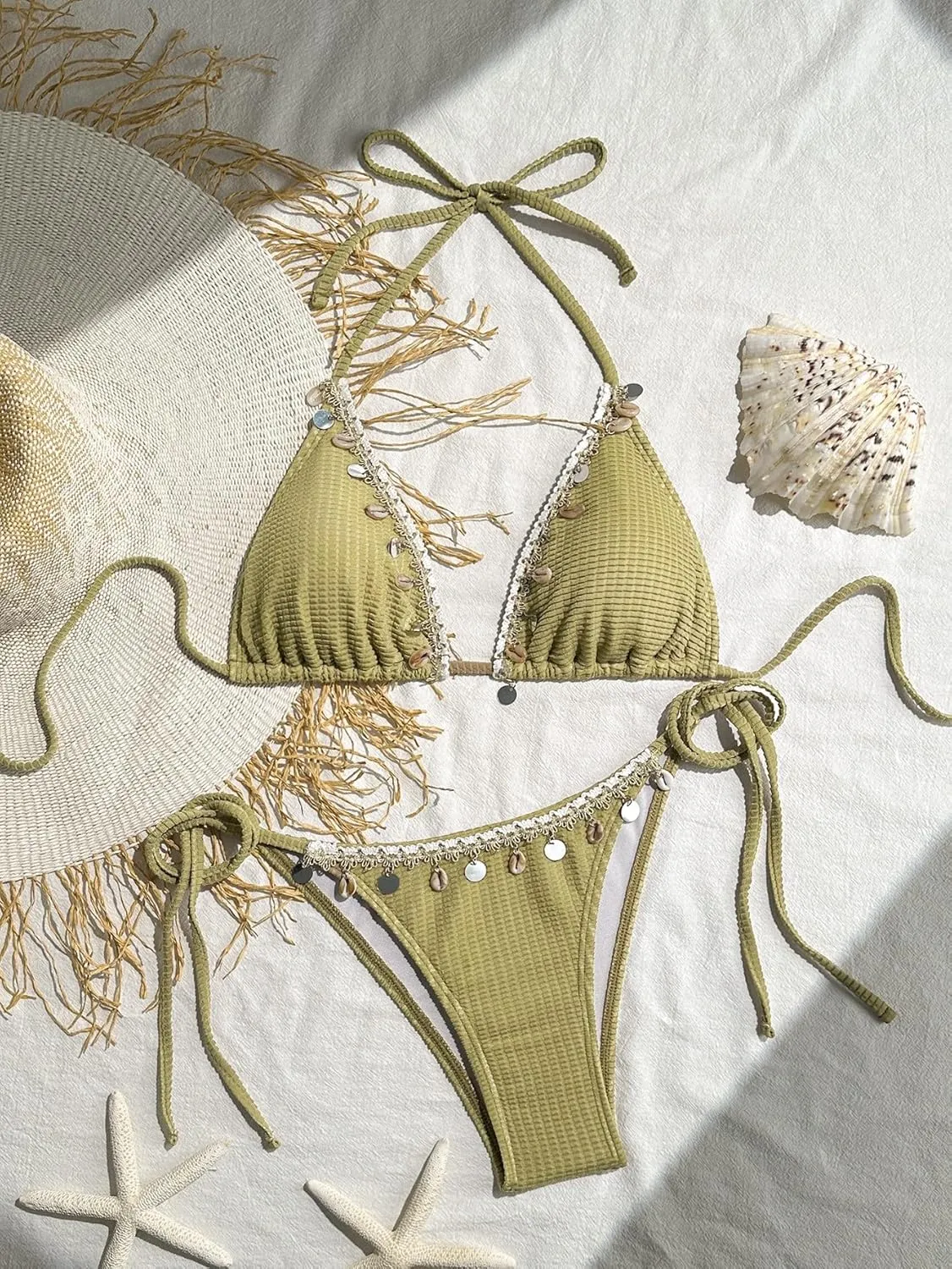 Women's Shell Decoration Boho Bathing Suit Halter High Waist Summer Swimsuit Bikinis Set