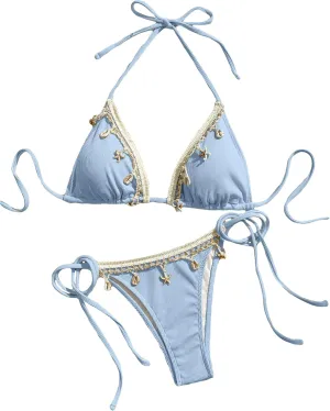 Women's Shell Decoration Boho Bathing Suit Halter High Waist Summer Swimsuit Bikinis Set