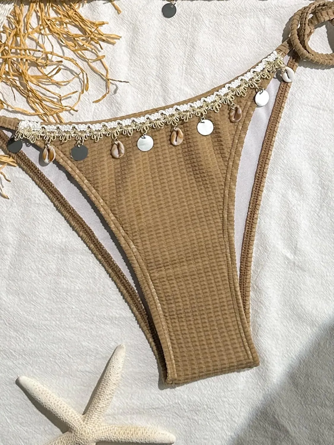 Women's Shell Decoration Boho Bathing Suit Halter High Waist Summer Swimsuit Bikinis Set