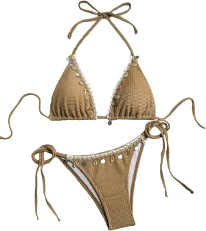 Women's Shell Decoration Boho Bathing Suit Halter High Waist Summer Swimsuit Bikinis Set