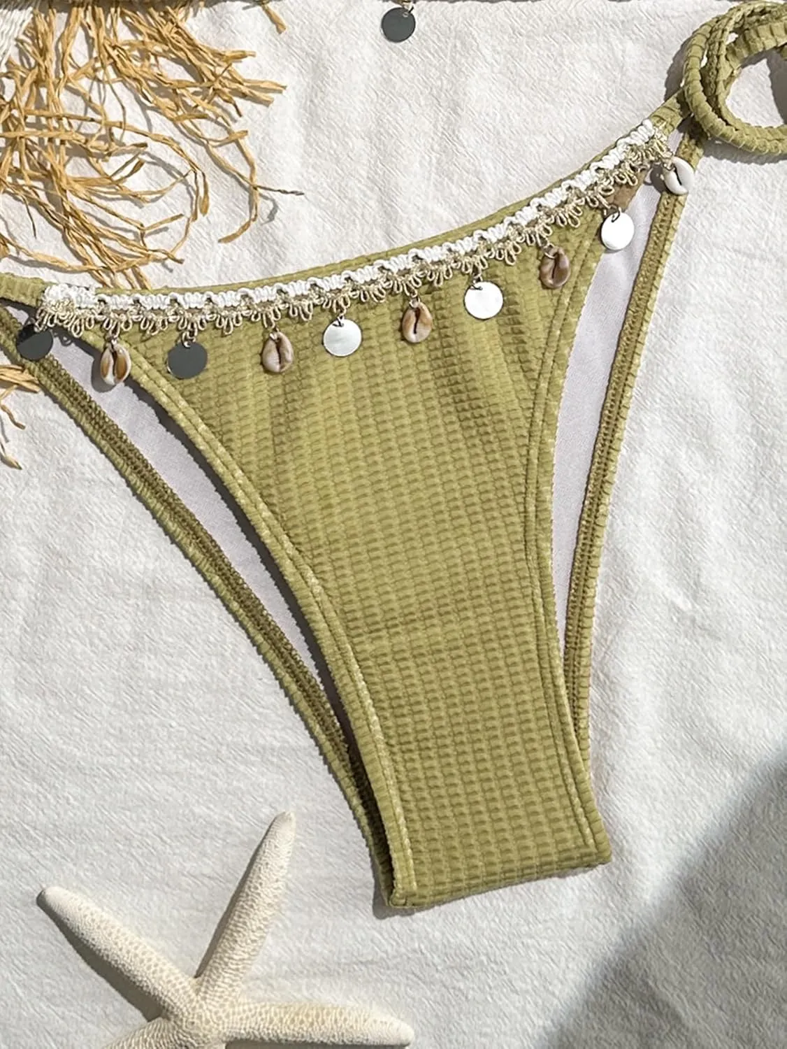 Women's Shell Decoration Boho Bathing Suit Halter High Waist Summer Swimsuit Bikinis Set