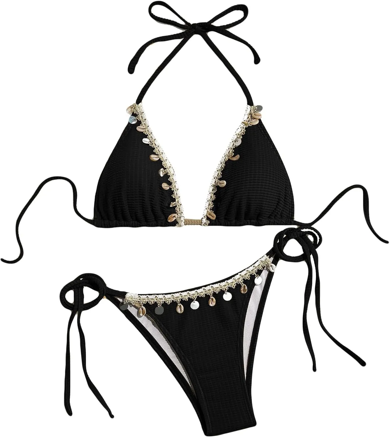 Women's Shell Decoration Boho Bathing Suit Halter High Waist Summer Swimsuit Bikinis Set