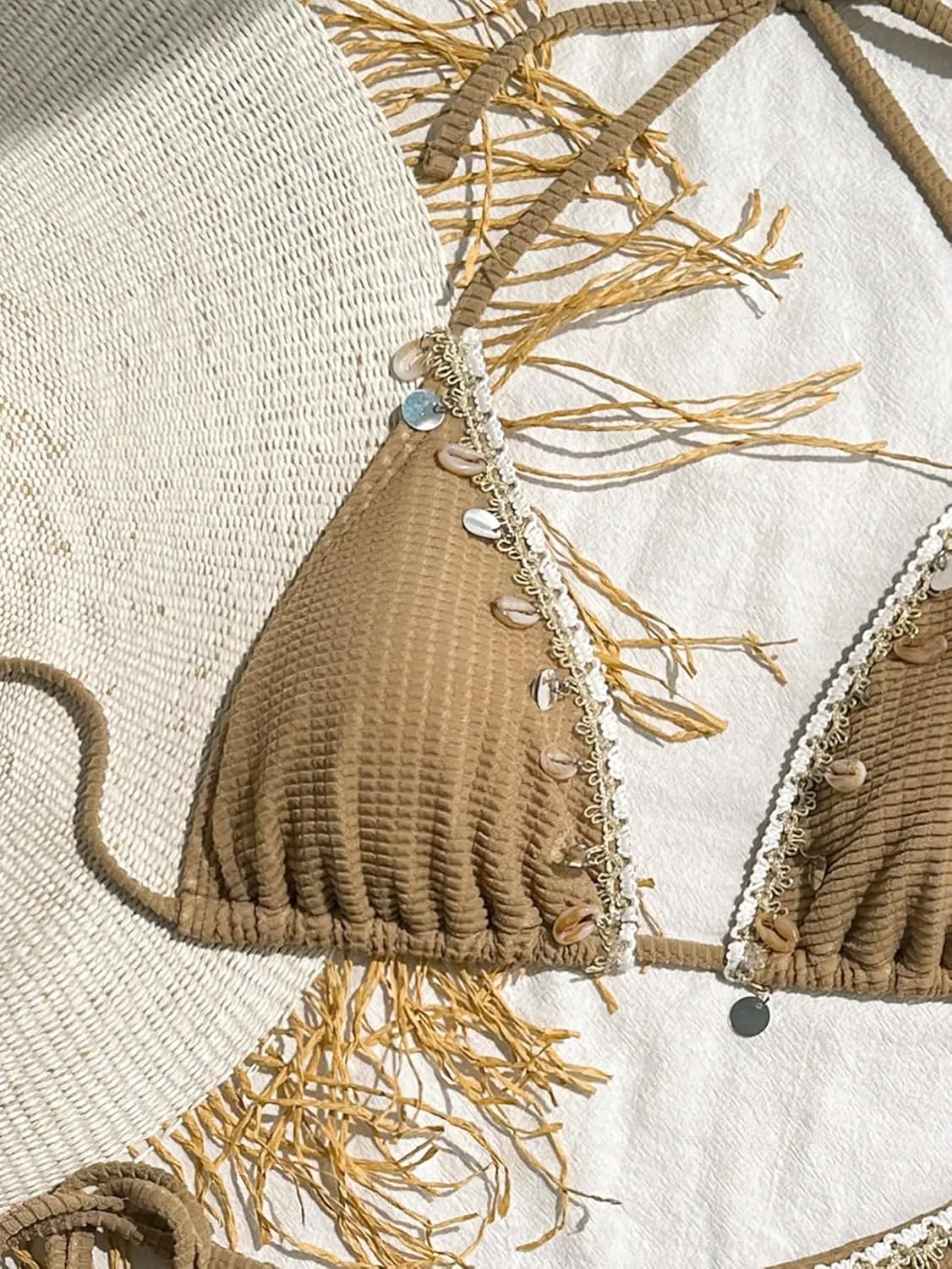 Women's Shell Decoration Boho Bathing Suit Halter High Waist Summer Swimsuit Bikinis Set