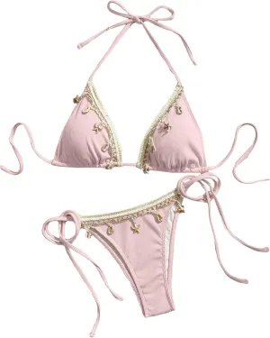 Women's Shell Decoration Boho Bathing Suit Halter High Waist Summer Swimsuit Bikinis Set