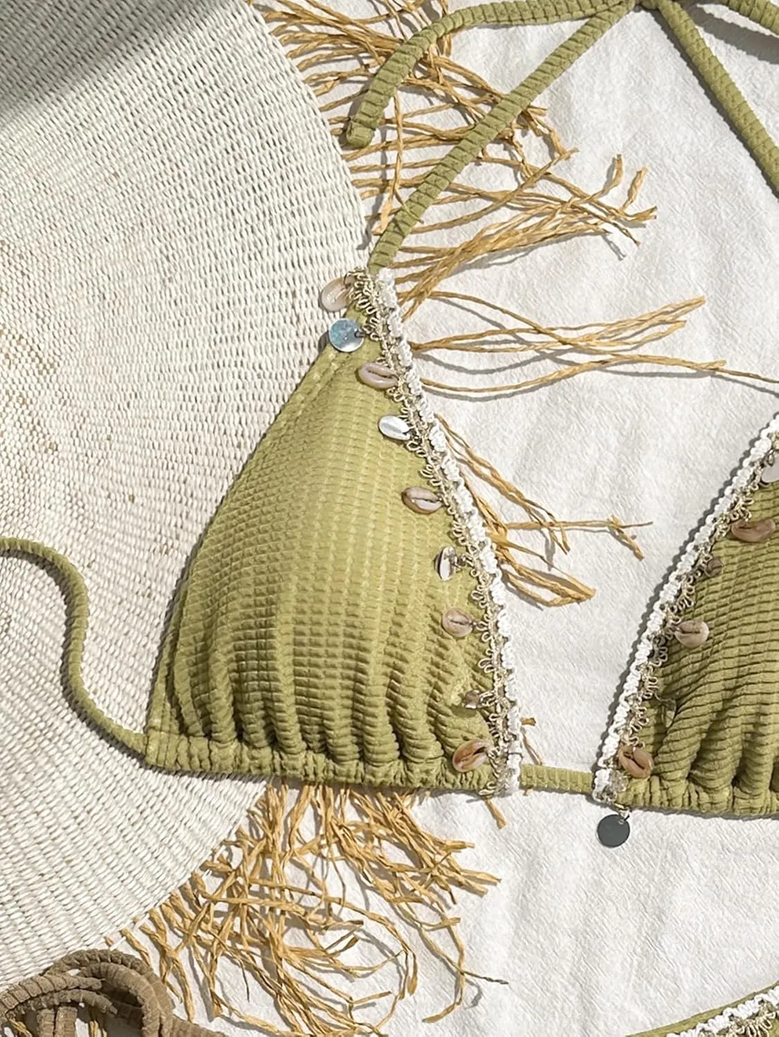 Women's Shell Decoration Boho Bathing Suit Halter High Waist Summer Swimsuit Bikinis Set
