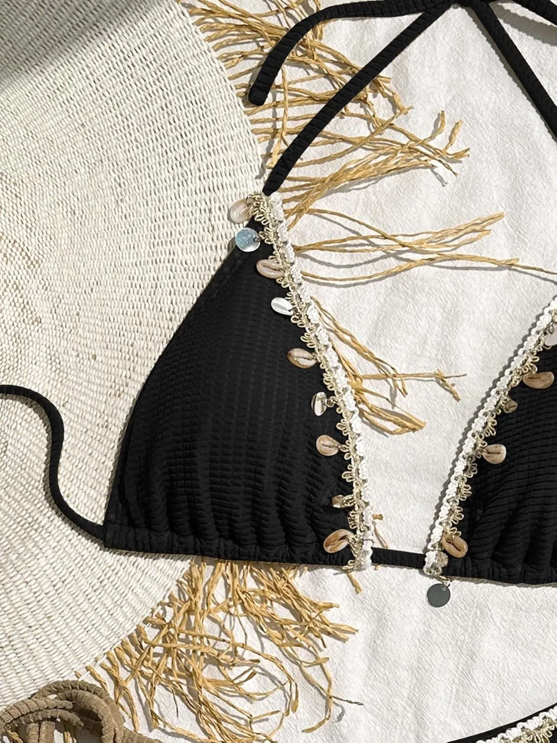 Women's Shell Decoration Boho Bathing Suit Halter High Waist Summer Swimsuit Bikinis Set