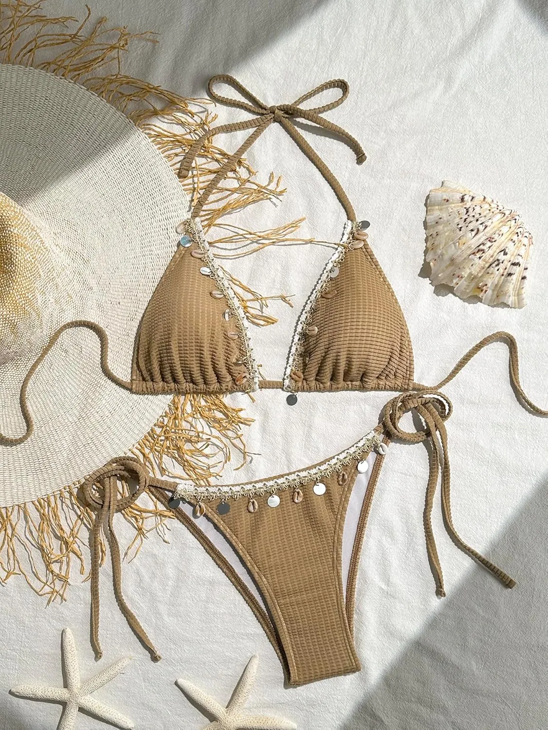 Women's Shell Decoration Boho Bathing Suit Halter High Waist Summer Swimsuit Bikinis Set
