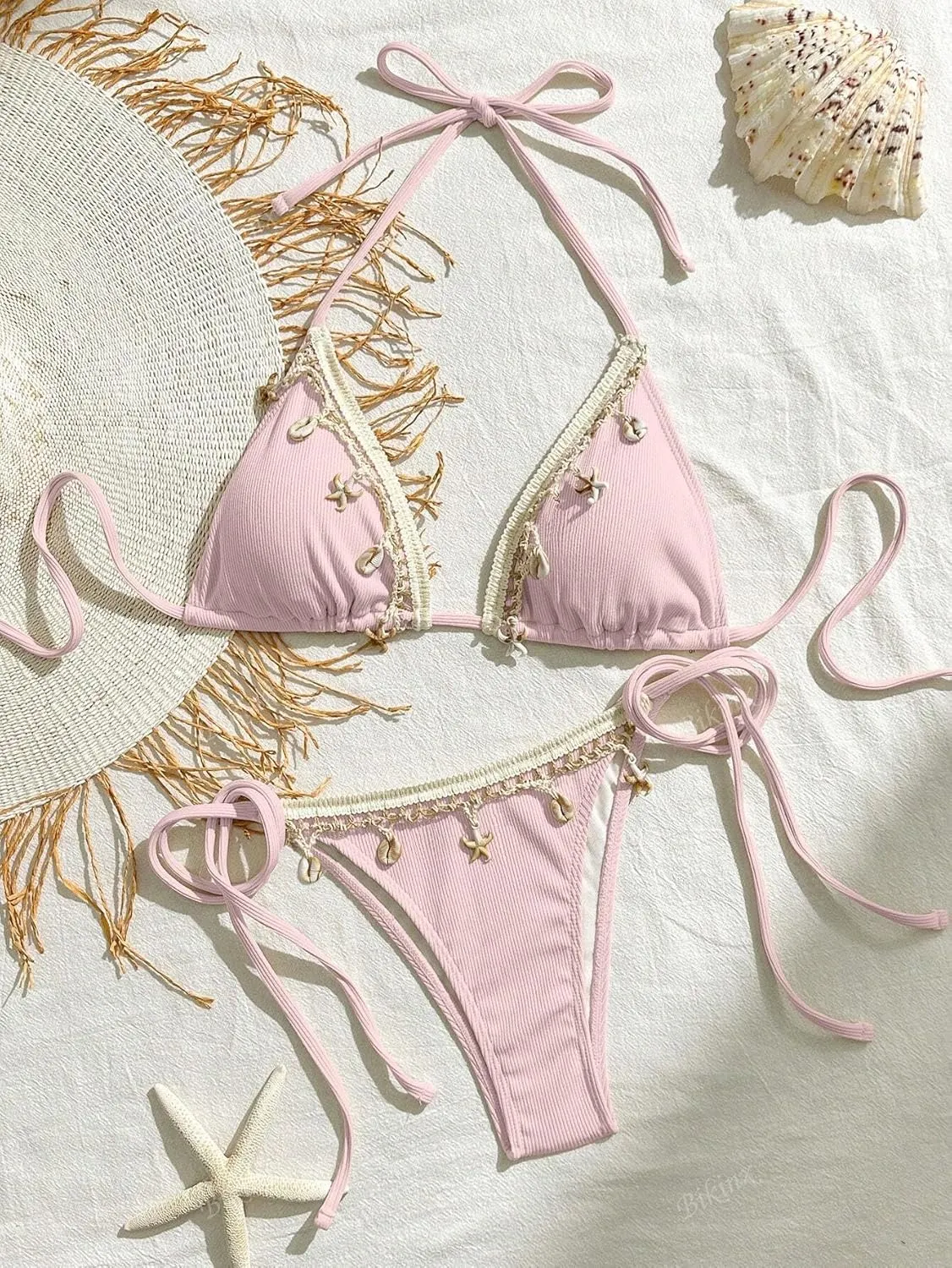 Women's Shell Decoration Boho Bathing Suit Halter High Waist Summer Swimsuit Bikinis Set