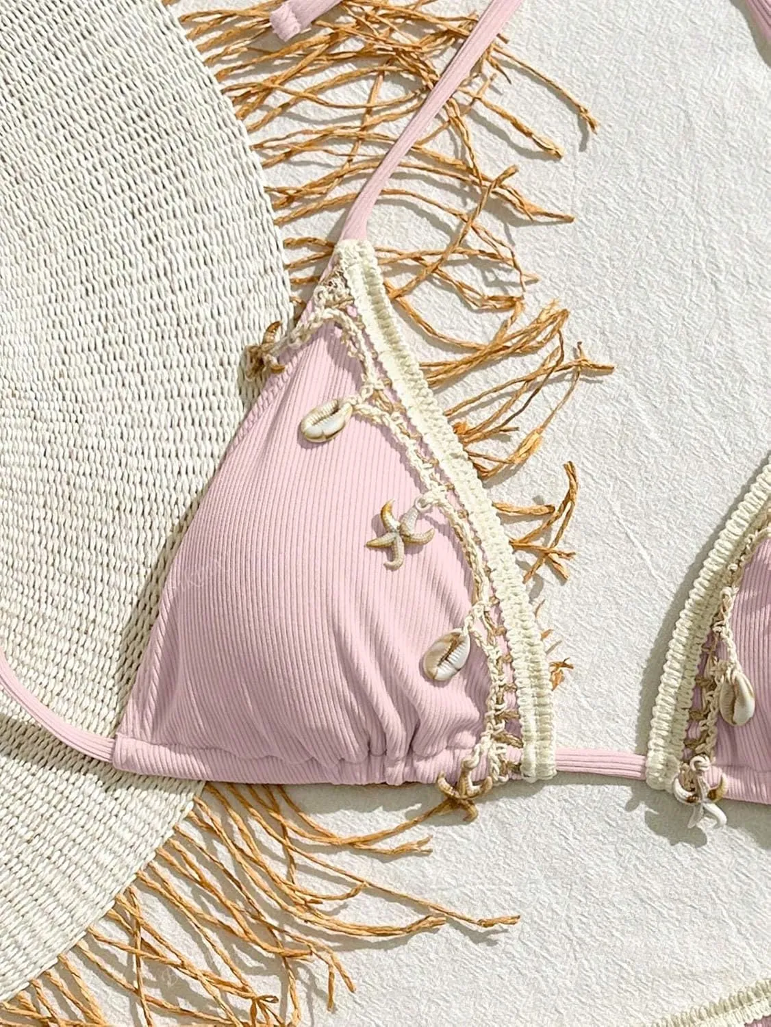 Women's Shell Decoration Boho Bathing Suit Halter High Waist Summer Swimsuit Bikinis Set