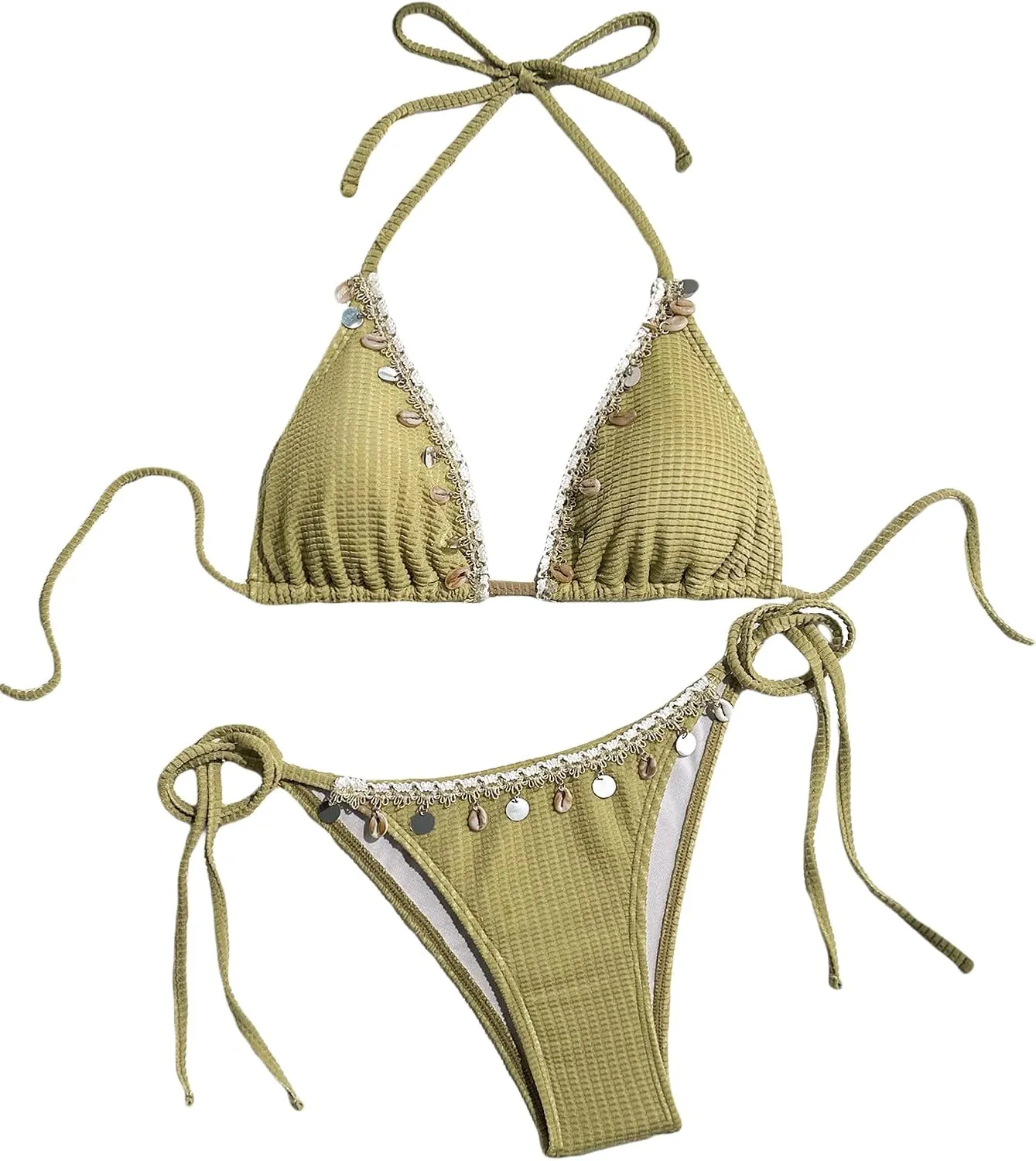 Women's Shell Decoration Boho Bathing Suit Halter High Waist Summer Swimsuit Bikinis Set