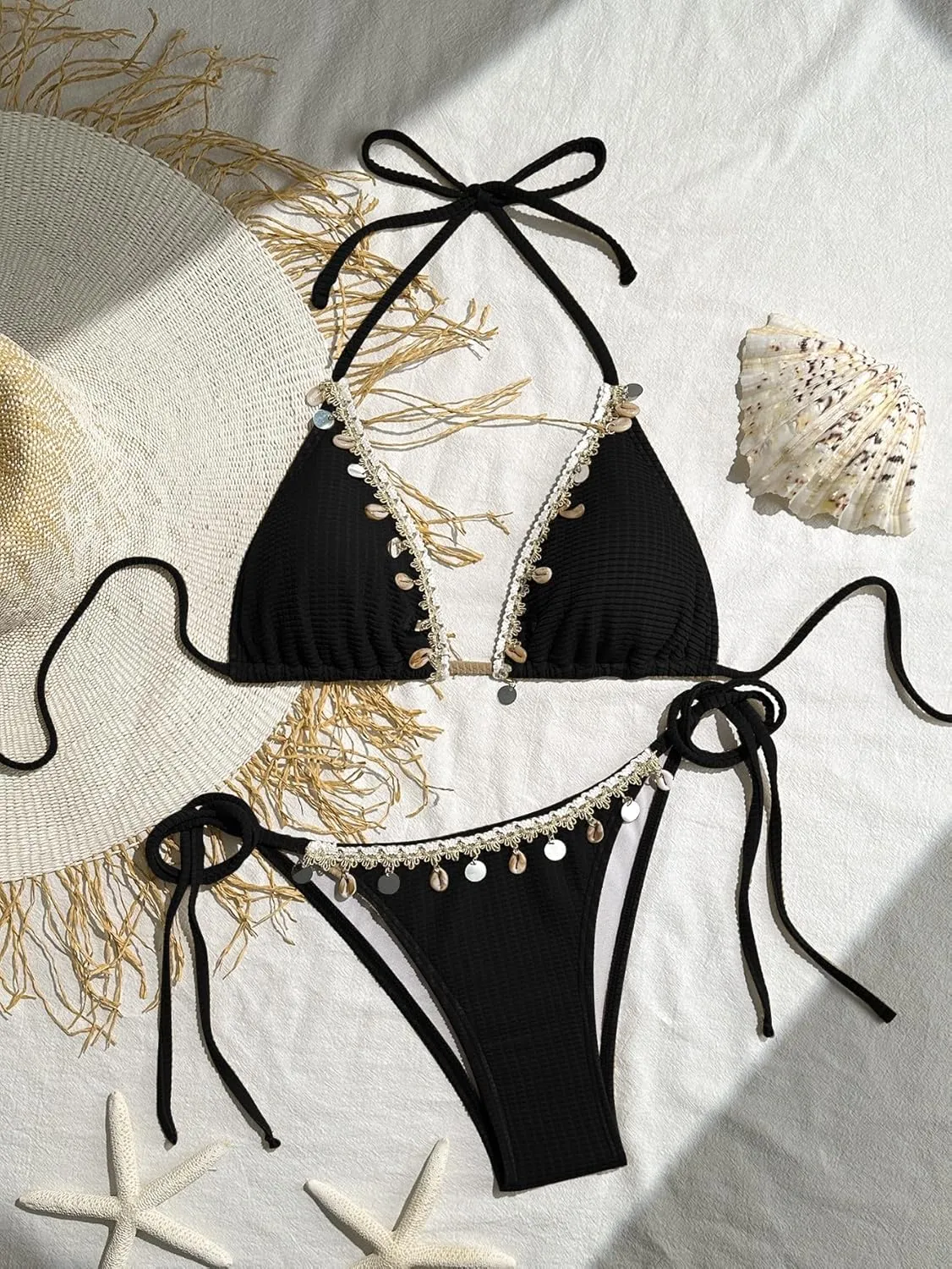 Women's Shell Decoration Boho Bathing Suit Halter High Waist Summer Swimsuit Bikinis Set