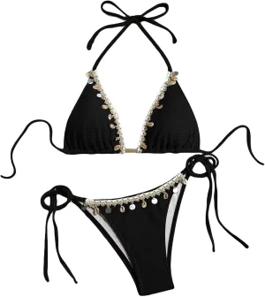 Women's Shell Decoration Boho Bathing Suit Halter High Waist Summer Swimsuit Bikinis Set