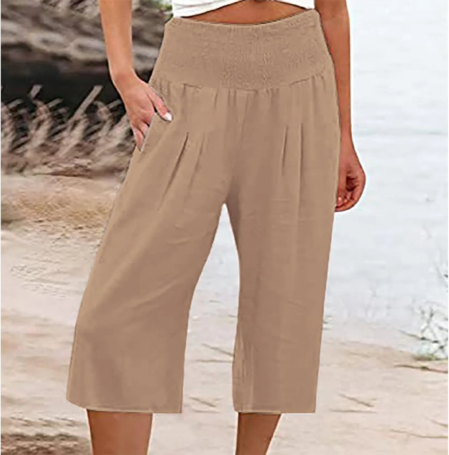 Womens Shorts Cotton Linen Shorts Capri Elastic Waist Linen Shorts Baggy Capri Pant Casual Beach Shorts with Pocket