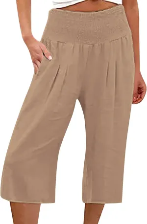 Womens Shorts Cotton Linen Shorts Capri Elastic Waist Linen Shorts Baggy Capri Pant Casual Beach Shorts with Pocket
