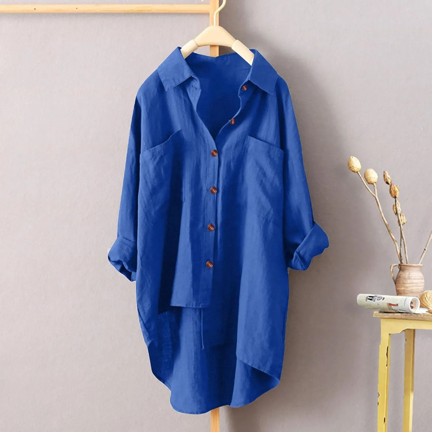 Women's Solid Color Shirts Business Single Breasted High Low Irregular Hem Long Sleeve Loose Blouse Office Work Tops