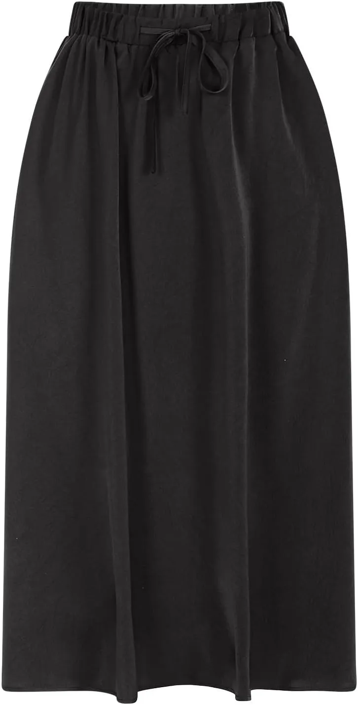 Womens Summer Skirts Casual Flowy Swing Pleated A-Line Drawstring High Waisted Long Midi Skirt Holiday Beach Outfits
