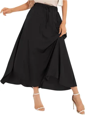 Womens Summer Skirts Casual Flowy Swing Pleated A-Line Drawstring High Waisted Long Midi Skirt Holiday Beach Outfits