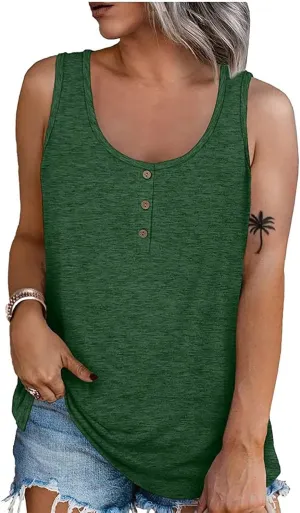 Womens Summer Tops 2023 Sleeveless Henley T-Shirts Tops Casual Button Down Tunics Holiday Going Out Tank Top Tee