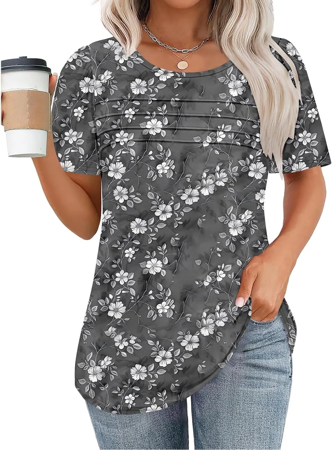 Womens T Shirts Short Sleeve Pleated Front Scooped Neck Tops Dressy Casual Blouses Spring Summer Cute Print Tees