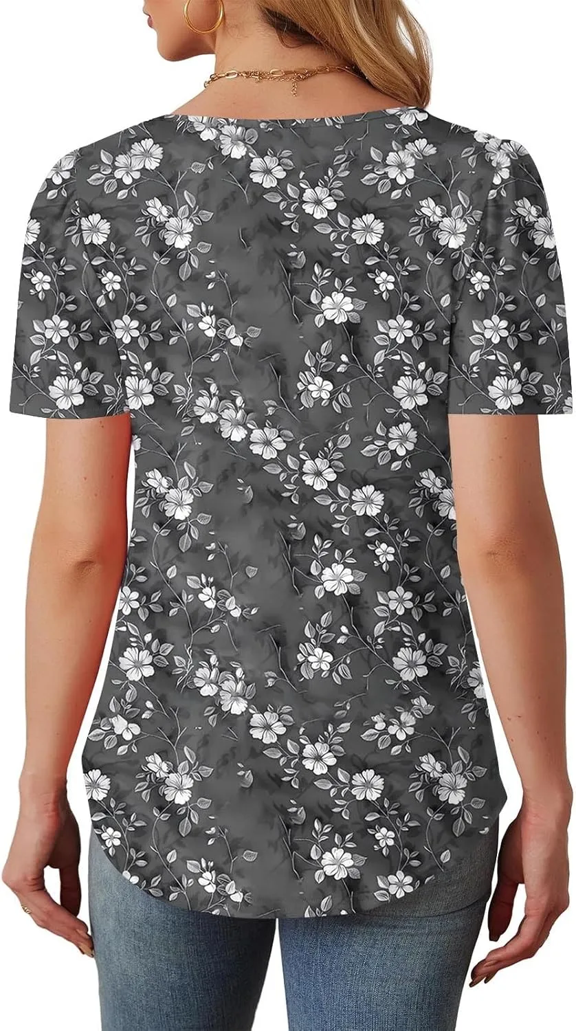 Womens T Shirts Short Sleeve Pleated Front Scooped Neck Tops Dressy Casual Blouses Spring Summer Cute Print Tees