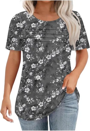 Womens T Shirts Short Sleeve Pleated Front Scooped Neck Tops Dressy Casual Blouses Spring Summer Cute Print Tees