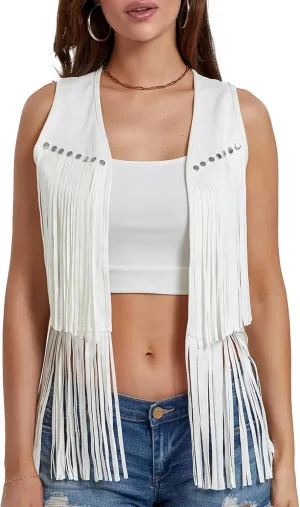 Women's Tassel Vest Sleeveless Open Front Fringe Jacket Cardigan 70s Hippie Leather Western Waistcoat Clubwear