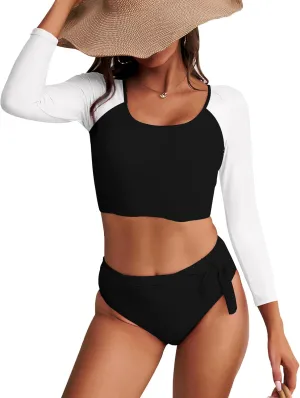 Womens Two Piece Swimsuits High Waisted Bikini Set Rash Guard Bathing Suit Long Sleeve Swimwear Crop Top Teen Girls