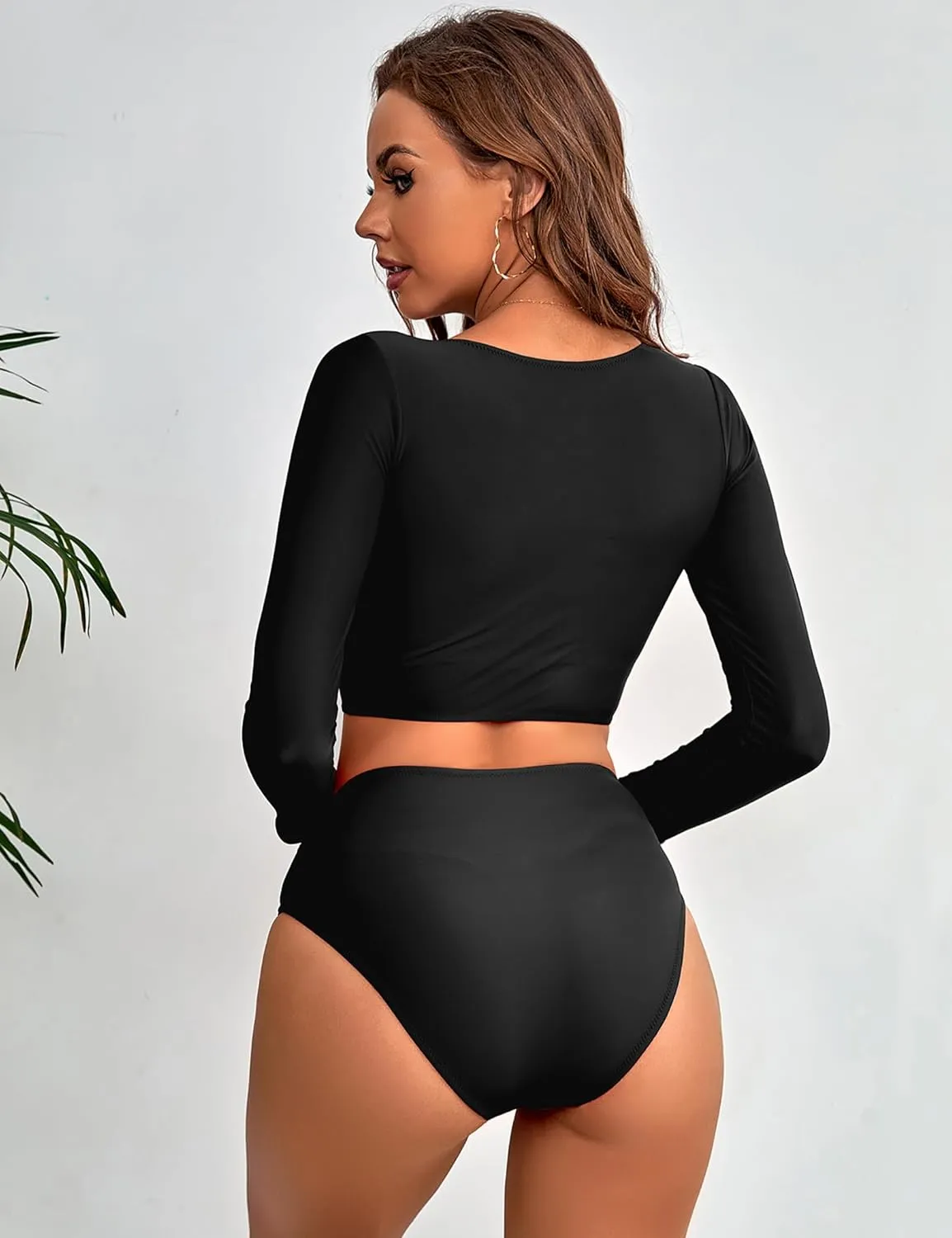 Womens Two Piece Swimsuits High Waisted Bikini Set Rash Guard Bathing Suit Long Sleeve Swimwear Crop Top Teen Girls